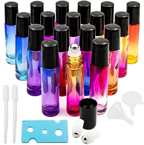 Youngever 18 Pack 10ML Rainbow Color Essential Oil Roller Bottles with Stainless Steel Roller Balls in 9 Colors, Opener, 2 Clear Transfer Pipettes, 2 Mini Funnels and Extra Roller Ball