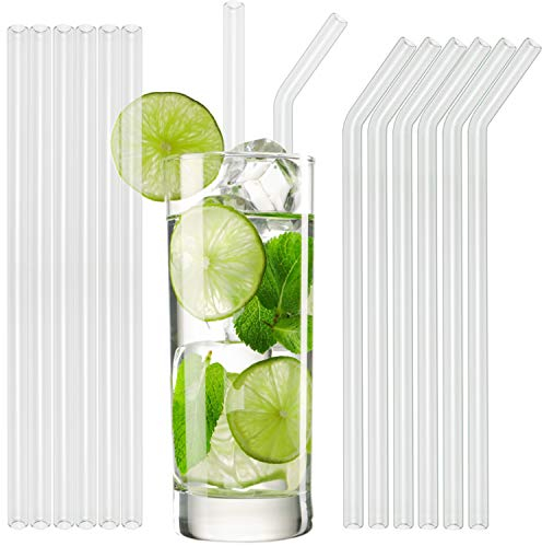 Pailles en verre T&N - 6 pailles droites et 6 courbées de 23 cm - 2 brosses de nettoyage – réutilisables écologiques artisanales – pour smoothies milkshakes chocolat chaud Cocktails Mojito Pina Colada