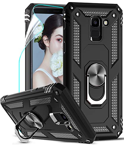 LeYi Coque pour Samsung Galaxy J6 2018 avec Protection écran, Anneau Support Double Couche Renforcée Défense Bumper Antichoc Armure Housse Etui pour Samsung Galaxy J6 Noir