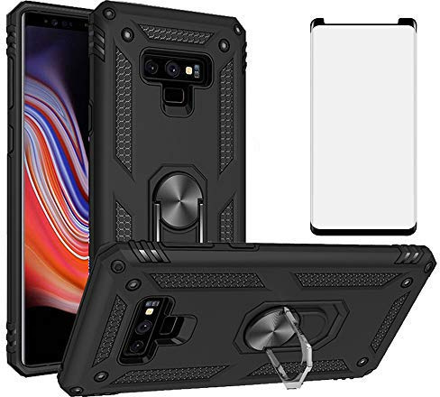 Phone Case for Samsung Galaxy Note 9 with Tempered Glass Screen Protector Cover Stand Ring Rugged Silicone Holder Hard Shockproof Heavy Duty Accessories Magnetic Cute Glaxay Note9 9case Girls Black