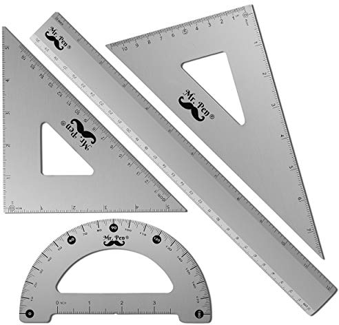 Mr. Pen Metallgeometrie-Set, 4 Stück, Geodreieck, Winkelmesser, Aluminium-Lineal, Zeichendreiecke