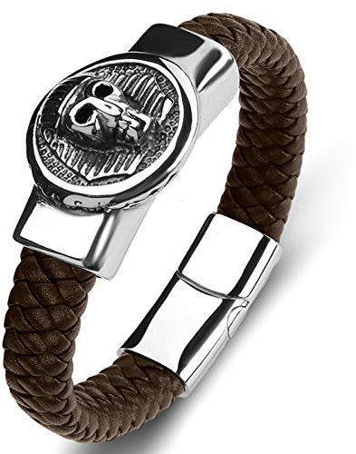 Beydodo Lederarmband Braun Herren mit Magnetverschluss, Armband Charms Gothic Geflochten Totenkopf Partnerarmband Edelstahl Armband Leder 185MM