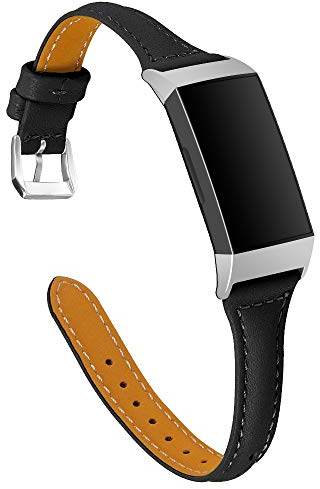 Jennyfly Lederarmband kompatibel mit Fitbit Charge 4/Charge 3/Charge 3 SE Bänder, Damen Herren Slim Ersatz Sport Uhrenarmband Armbänder mit Metallschnalle verstellbar 14 - 20,3 cm – Schwarz
