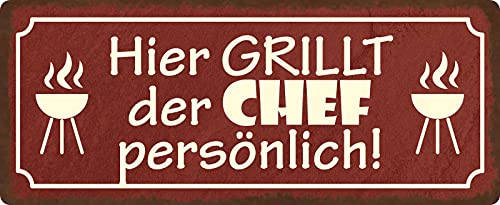 Blechschild 27x10cm gewölbt Hier grillt der Chef persönlich Grill grillen Sprüche Deko Geschenk Schild