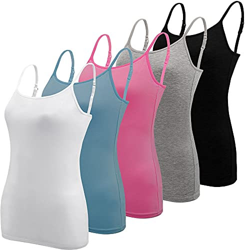 BQTQ 5 Pièces Camisole Femme Débardeurs à Bretelles Réglables Camisole Top pour Femme et Fille, Noir, Blanc, Gris, Bleu, Rose Rouge, M