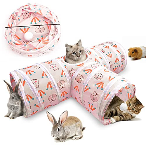 ERKOON 3-Way Rabbit Tunnel, Cat Tunnels & Tubes Collapsible, 25cm Pink Small Animal Pop-up Tunnel with Funny Pompon Maze House for Cats, Rabbits, Guinea Pigs, Hamster, Kitten, Puppy ect