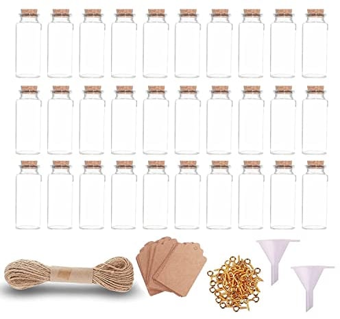ASOENTIWOX Reagenzgläser mit Korken, 30 Stück 10ml Mini Glasfläschchen, Reagenzglas mit Korken für Gastgeschenk Hochzeit Dhochzeit Deko, Mit 10m Hanfseil, 30 Etikettenkarten, Zum Befüllen mit Sand