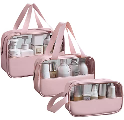 LEcylankEr Trousse de Toilette Transparente 3 Pièces, Trousse de Toilette PVC Étanche pour Femme, Trousse de Maquillage Légère pour Voyage Set (Rose)