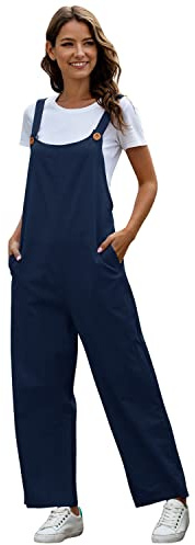 Odizli Latzhose Damen Sommer Locker Lang Weite Hose Overall Jumpsuit Einteiler Playsuit Arbeitslatzhose Große Größen mit Taschen Loose Fit Hoseanzug Romper Dunkelblau M