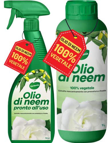 Gardemia Olio di Neem per Piante COMBO Spray 750ml + Flacone 1 Litro 100% Vegetale contro varie Avversità Giardino Multiuso Estratto Meccanicamente Pressatura Freddo Straordinarie Proprietà Naturali