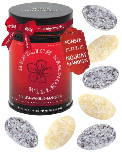 Hallingers Genuss Manufaktur Nougat-Mandeln Glückwunsch-Geschenk - von Hand in der Manufaktur schokoliert ohne Alkohol in der Geschenkdose Herzlich willko..., Geschenkidee für Frauen Männer