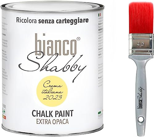 bianco Shabby Pintura a la Tiza para Todas las Superficies - 1 L Chalk Paint Crema Italiana + Brocha 40mm para Muebles de Madera - Interior & Exterior