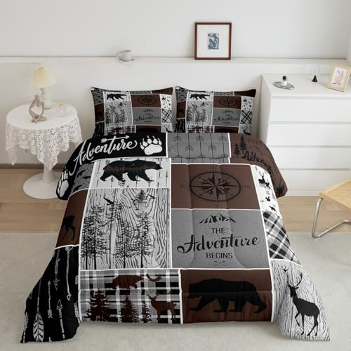 Retro Farmhouse Cabin Quilt 2Pcs, Rustic Bear Deer Comforter Set Twin Size For Kids Boys Teens Adult Men, Camping Lodge Decor Bedding Buffalo Check Plaid Hunting Animal Duvet Insert, Brown Gray