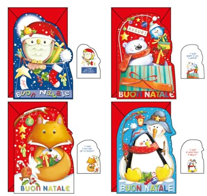 Set mit 12 Weihnachtskarten in 4 Motiven, Format 12 x 18 cm, aus hochwertigem Karton, hergestellt in Italien