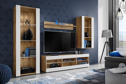 Komodee Wohnwand TV Tivoli Medio Weiß/Wotan 245x159x35 cm | Wohnwand Tivoli Medio, Weiß/Wotan, Breite 245cm x Höhe 159cm x Tiefe 35cm, ohne LED, für Wohnzimmer