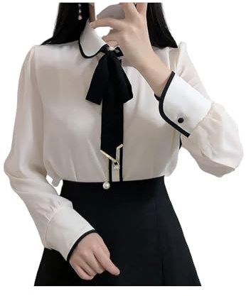 KWTF Women Cute Shirt Peter Pan Collar Bowtie Pearl Womens Tops and Blouses Long Sleeve