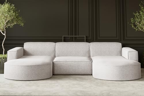 Kaiser Möbel, Sofa Modena, Designer u-Form Sofa, Modern Design Couch, Polsterecke, Freistehend, Verita Stoff Beige Breite: 299 cm