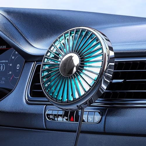 DICMKY Ventilador USB para rejillas de ventilación de coche montado con luz de colores, ventiladores de clip giratorios de 360° que soplan aire frío, pequeño ventilador mini enfriador silencioso