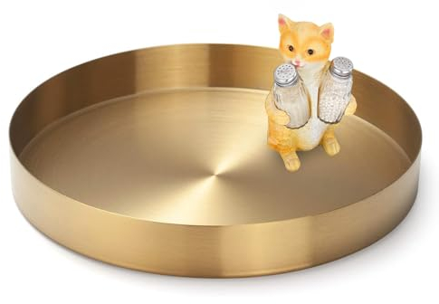 Bandejas Decorativas Platos Negros Bandeja Redonda Metal de Acero Inoxidable para Organizador Joyería Velas Pizza (Oro, Ø 20 cm)