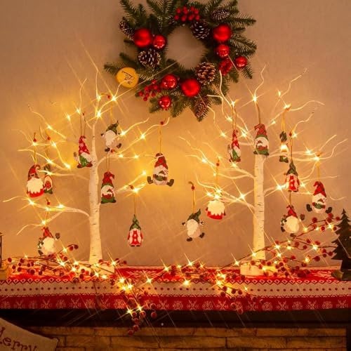 EAMBRITE Set of 2 Twig Tree with Lights Christmas Gonk Decorations, Small Christmas Tree Birch with Gnome Ornaments, Battery Operated Christmas Decorations Indoor Timer for Xmas Home Party Decor