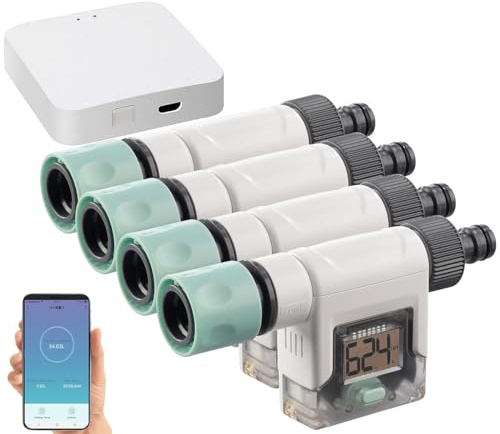 Royal Gardineer Wassermenge-Zähler: 4er-Set smarte Wasserzähler für Gartenschlauch, mit WLAN-Gateway & App (Smarthome-Zentrale, Digitaler Wasserzähler WLAN, Uhren)