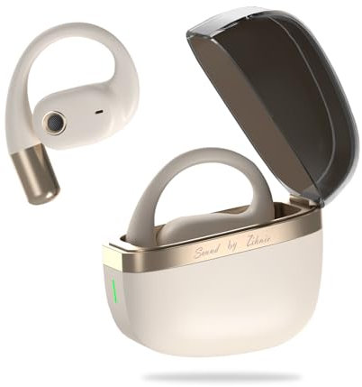 ZIHNIC Auriculares inalámbricos Bluetooth de oreja abierta con micrófono, auriculares con ganchos para los oídos, batería de 28H, IPX5 impermeable, compatible con cualquier teléfono, color beige