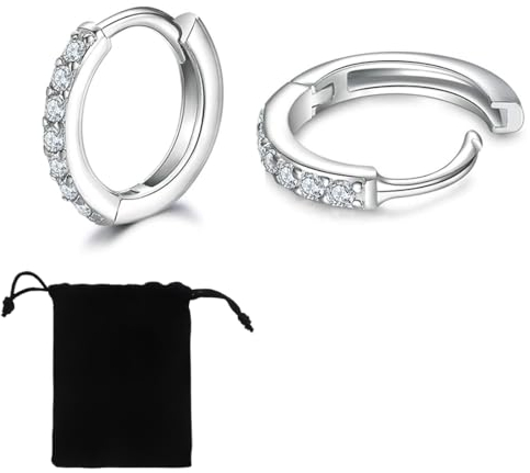 LICHUANUK Silber Creolen für Frauen, Titan Stahl Silber Creolen mit Zirkonia, Silber Sleeper Knorpel Creolen 8mm)