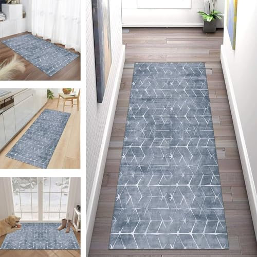 Buatisf Teppich Läufer Flur Küche, Waschbar Kücheteppich rutschfest Grau Blau Flurläufer Lange Küchenläufer für Korridor Schlafzimmer, Modern Polyester Teppichläufer auf Maß Meterware