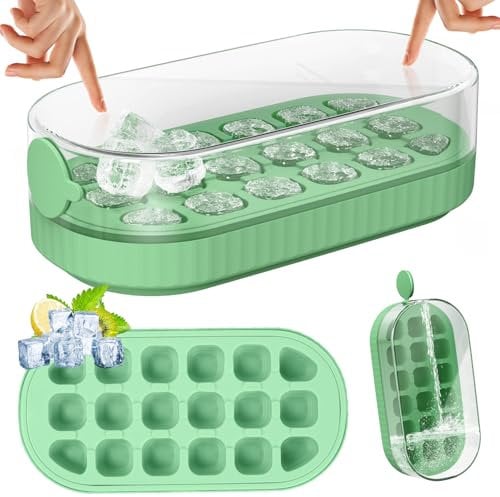 PKBD Ice Cube Tray with Lid and Bin, Press-Type Silicone 18PCs Ice Cube Moulds for Freezer, Easy Release, Quick Filling Without Touching, Ice Tray for Whiskey Cocktail, Tea, Coffee, Green