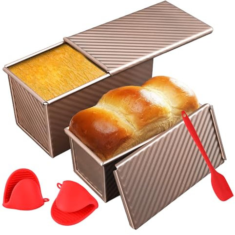 Pullman - Juego de 2 moldes para pan con tapa, capacidad de masa de 1 libra/0.45 libras para pan casero, caja de pan de acero al carbono corrugado antiadherente con tapa para hornear, sándwich y horno