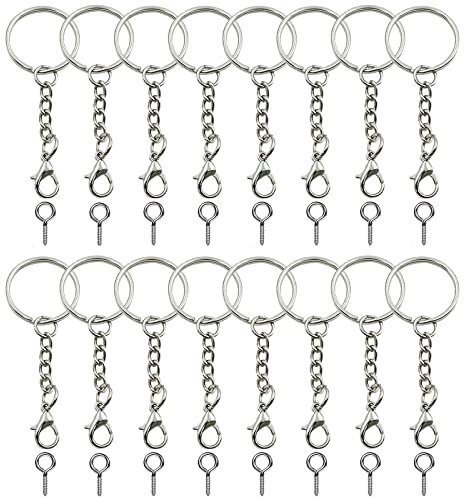 60 Pezzi Set di Anello Portachiavi con Catena(30 pcs Ganci Portachiavi+30pcs Perni ad Occhio di Vite),25mm Anelli Portachiavi in Acciaio Inox per Fai da Te Portachiavi Gioielli Artigianato