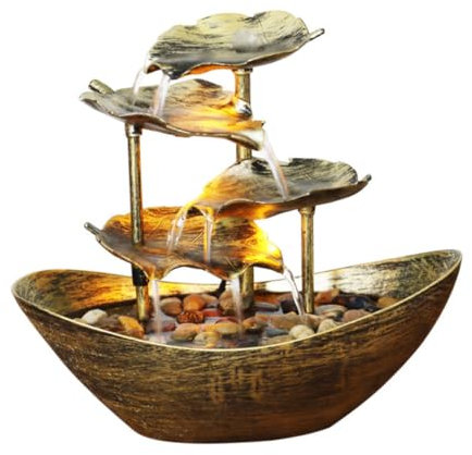 ULDIGI Wasserbrunnen im Barren-Stil Lotusblatt-Design Wasserfall-Ornament Desktop-Brunnen Heimdekoration -Nachtlicht-Funktion