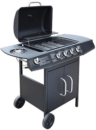 IKAYAA Barbecue e Griglia a Gas 4+1Barbecue a Gas con 4 Fuochi Multifunzione Completo di Bruciatore Laterale Coperchio, Termometro, Griglia in Ghisa, Ruote E Struttura-Nero-Tipo 1