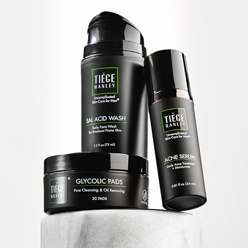 Tiege Hanley Men's Blemish Treatment System (Level 1), TiegeClear Essentials Routine for Smooth & Hydrated Skin - Includes Sal Acid Wash, Glycolic Acid Pads, and Serum - All Skin Types