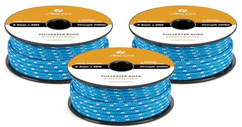 Abma Cord Polyester Cord 3mm x 20m Braid Polyester Rope, Blue/White - Heavy Duty & Low Stretch - High UV & Abrasion Resistance