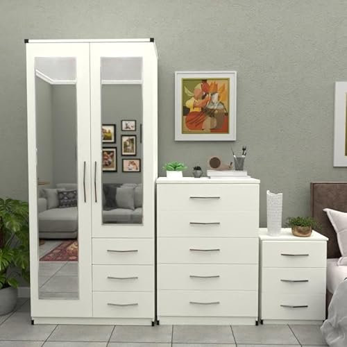 Ready 3-Piece Bedroom Furniture Set, 2-Door Mirrored Wardrobe with Drawers, 5-Drawer Chest, 3-Drawer Bedside Table (White)