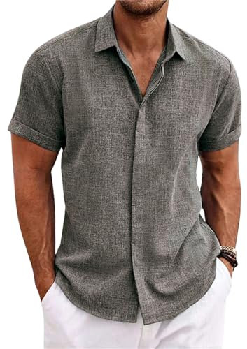 PADOLA Chemise Lin Homme Manches Courtes Boutonnée Chemisette Homme Chemises d'été Unie Chemise de Plage en Coton Coupe Régulière Tee Shirt Décontracté Chemiser (5 Gris, L)