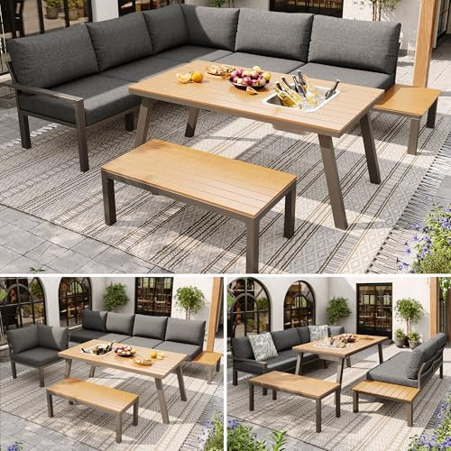 Laxnb Gartenmöbel Set für 6-7 Personen, Garten Lounge Möbel Balkonmöbel Essgruppe, Ecksofa mit Esstisch und Kissen, Sitzgruppe Gartenlounge Balkon Patio Terrassemöbel, Tischplatte mit Eiskübel, Grau
