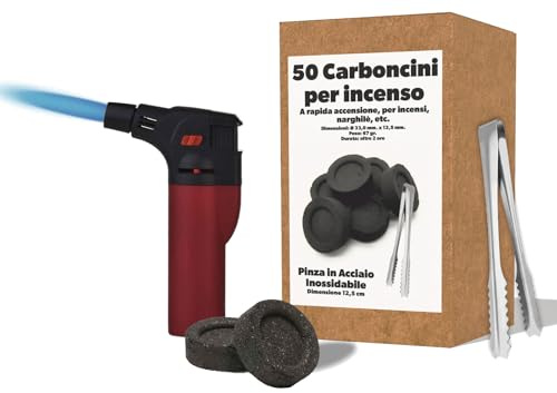 50 carboncillos para incienso 100% naturales. Encendido rápido y duradero, 100/120 minutos, diámetro de 33 mm para casa, rituales religiosos y centros de bienestar, con 1 pinza de acero y encendedor