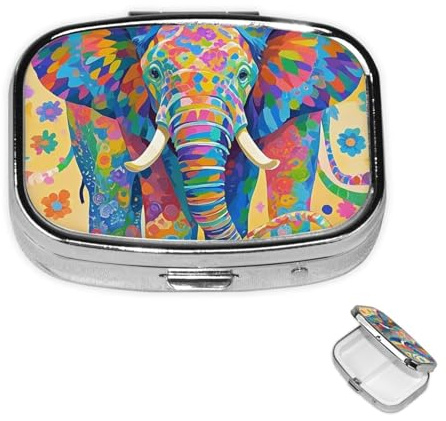 Pillendose mit 2 Fächern, Metall, bunt, Elefant, Pillendose für Geldbörse oder Tasche, niedlicher Mini-Pillenhalter, Reise-Pillenbehälter für Nahrungsergänzungsmittel, Vitamine, Fischöl