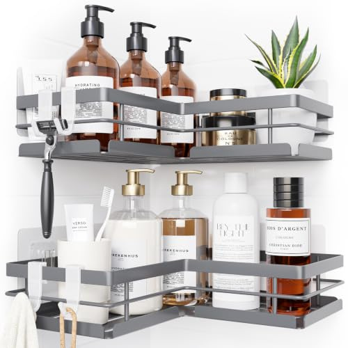 Kitsure Corner Shower Caddy – 2-Pack Adhesive Bathroom Shelves, Silver, L | Quick Drain Design, Strong Adhesive, No-Drill Installation,Bathroom storage, Rustproof Finish for Kitchen & Laundry