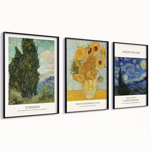 MJ-GRAPHICS® Van Gogh Poster Set A4 Kunstdrucke Künstler Wandbilder Wohnzimmer Deko Schlafzimmer A4 Bilder mit Rahmen 3er Set Collage für Wohnzimmer Poster Collage