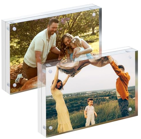 twirush 2 Stück Acryl Bilderrahmen 13×9cm, Transparente Rahmenloser Bilderrahmen Set, Magnetischer Doppelseitiger Tischbilderrahmen, Freistehend, Geschenk für Familie und Freunde