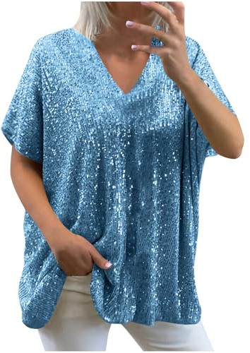 Guhmomh Glitzer Shirt Damen Pailletten Oberteil Kurzarm Karneval Bluse Silvester Tshirt Disco Damenblusen Festival Outfit 80er Jahre Kostüm Elegant Tunika Festliche Blusen Zur Hochzeit Party Top