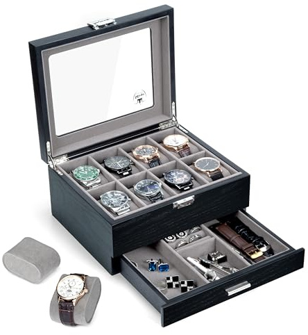Slege Uhrenbox aus Holz mit 8 Schlitzen,2 Ebenen,Uhrenetui Herren,Handgefertigt Uhrenkasten mit Glasdeckel,Uhrenaufbewahrung für Uhren,Uhrengehäuse-Organizer,Uhrenbox-Organizer für Herren