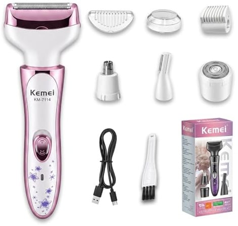 KEMEI Elektrischer Rasierer Damen 4-in-1,Wiederaufladbarer Bikini Trimmer | Intimrasierer Frauen für Bikinizone, Gesicht, Beine & Achseln – Sanfte Haarentfernung(Pink)