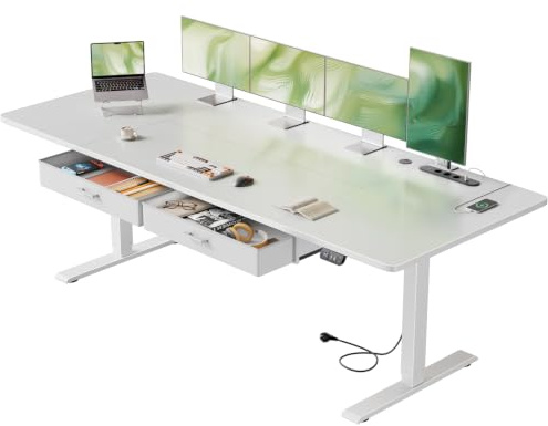 HLONONE 200 x 80 cm Höhenverstellbarer Schreibtisch mit Steckdose, Weiß | 2 AC-Anschlüsse & 3 USB-Anschlüssen, 2 Schubladen, Memory Funktion, 72-117cm Höhenverstellbarer, für Homeoffice
