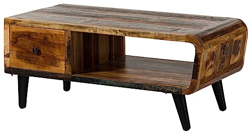 MASSIVMOEBEL24.DE | Sixties Couchtisch aus Massivholz #106 | Altholz - Mehrfarbig, lackiert | mit Schublade & offenem Fach | 120x60x53 cm | Massivholztisch Fernsehtisch Beistelltisch