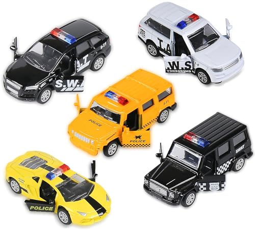 KIDAMI Die Cast Metal Toy Cars Open Doors, Pull Back Cars, 5 Pack, Police