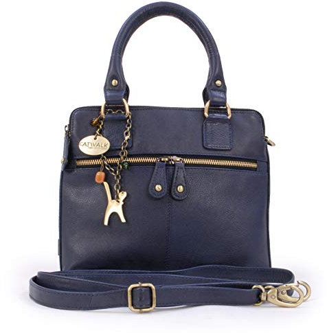Catwalk Collection Handbags - Damen Leder Umhängetasche - Handtasche Mittelgroß - Henkeltasche mit Abnehmbarem Schultergurt - VICKY - Blau